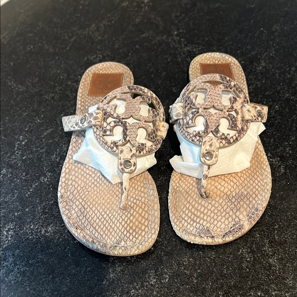 Tory Burch White and Gray Sandals with Elegant Embellishments